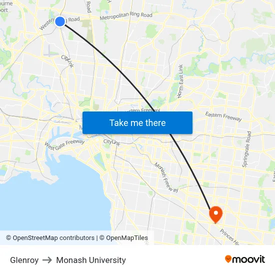 Glenroy to Monash University map