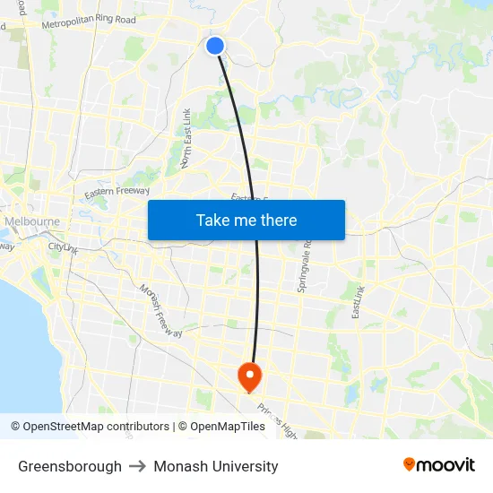 Greensborough to Monash University map