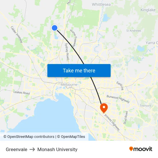 Greenvale to Monash University map