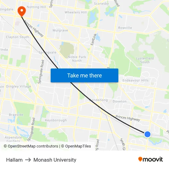 Hallam to Monash University map
