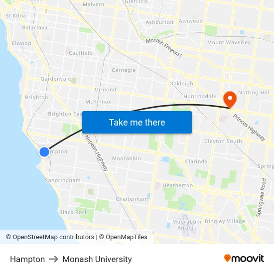 Hampton to Monash University map