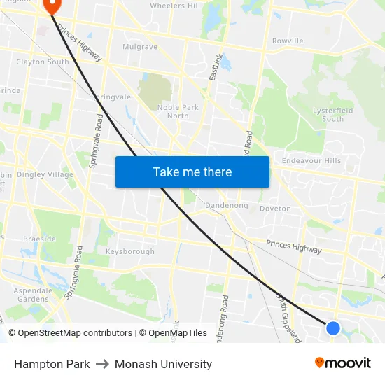 Hampton Park to Monash University map