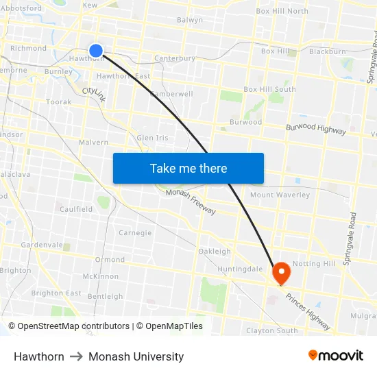 Hawthorn to Monash University map