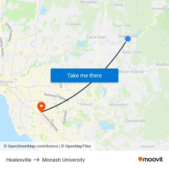 Healesville to Monash University map