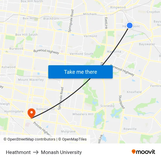 Heathmont to Monash University map