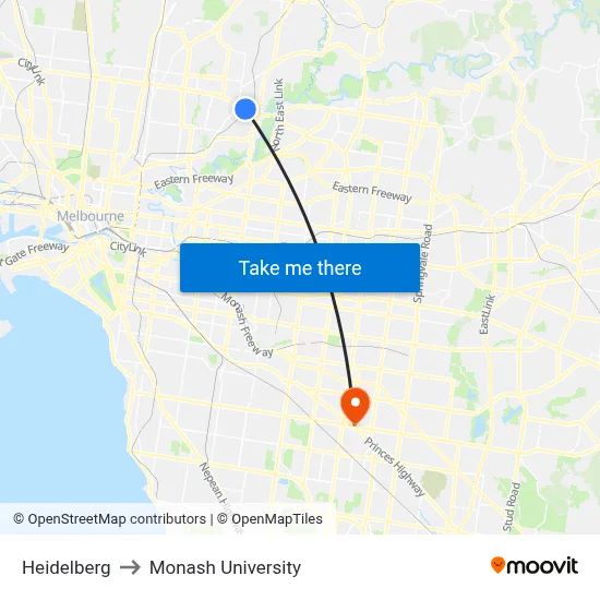 Heidelberg to Monash University map
