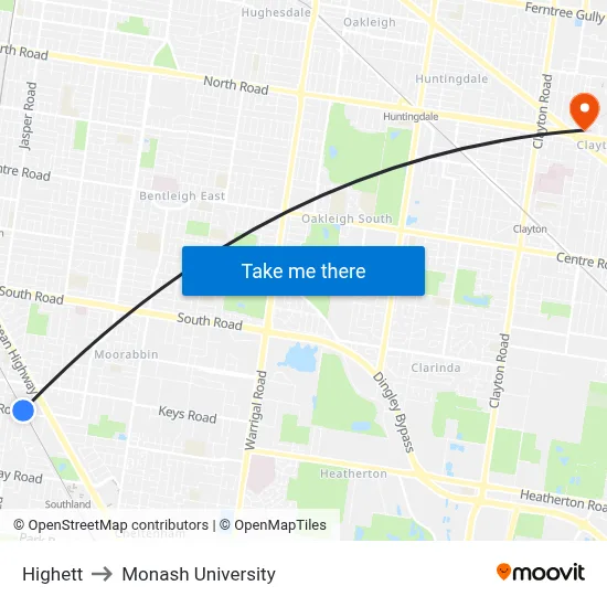 Highett to Monash University map