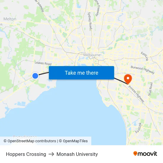 Hoppers Crossing to Monash University map