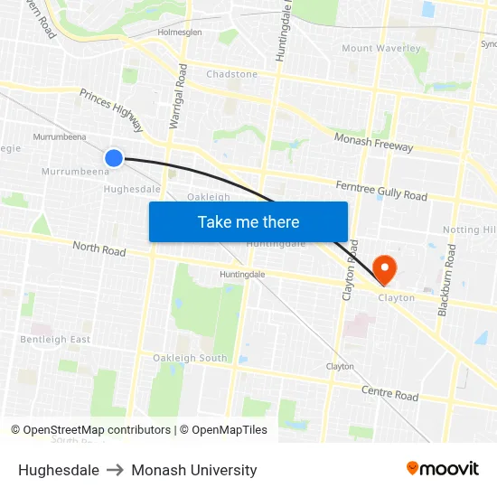Hughesdale to Monash University map