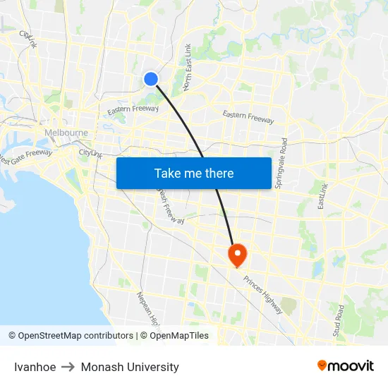Ivanhoe to Monash University map