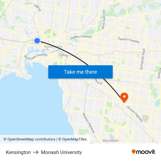 Kensington to Monash University map