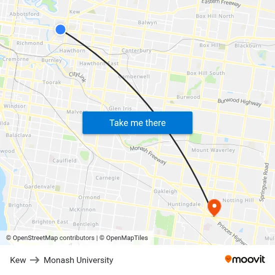 Kew to Monash University map