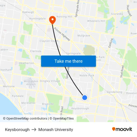 Keysborough to Monash University map