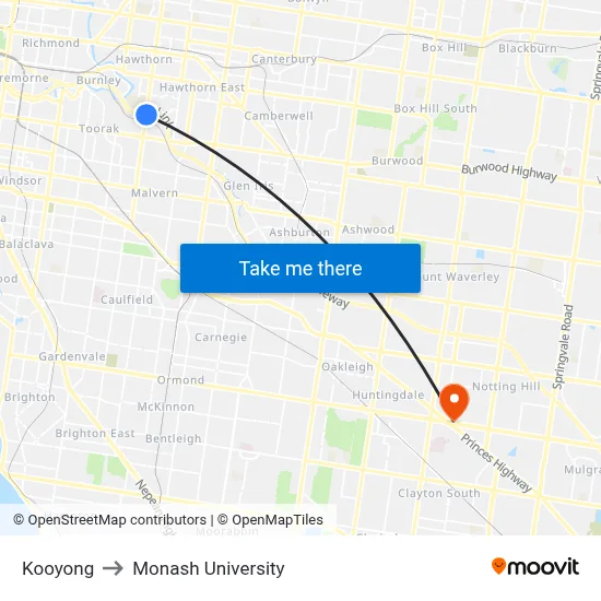 Kooyong to Monash University map