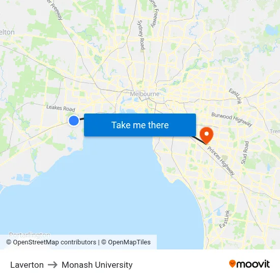 Laverton to Monash University map