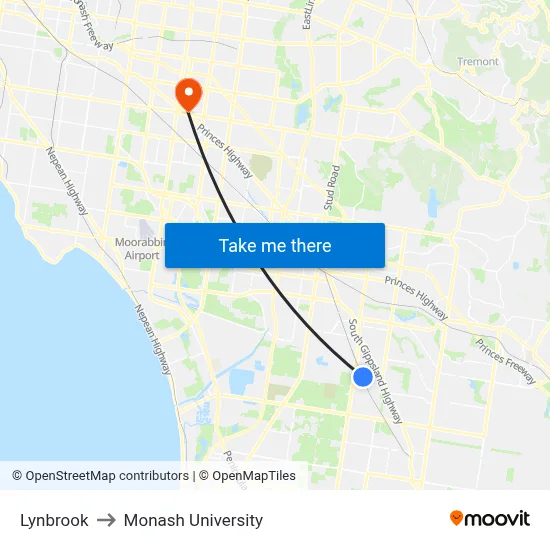 Lynbrook to Monash University map