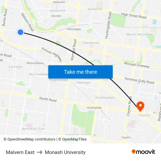 Malvern East to Monash University map