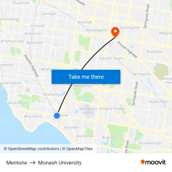 Mentone to Monash University map