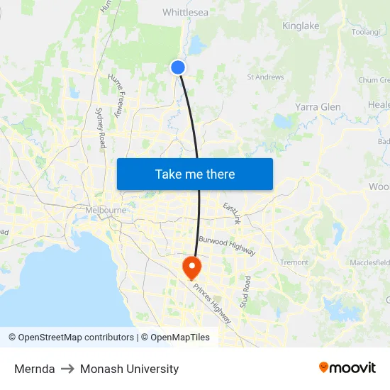 Mernda to Monash University map