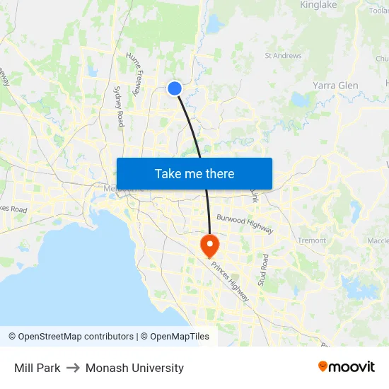 Mill Park to Monash University map