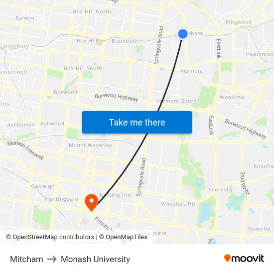 Mitcham to Monash University map