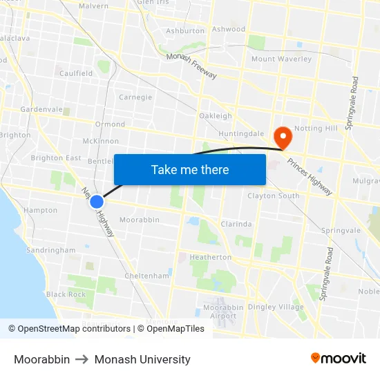 Moorabbin to Monash University map