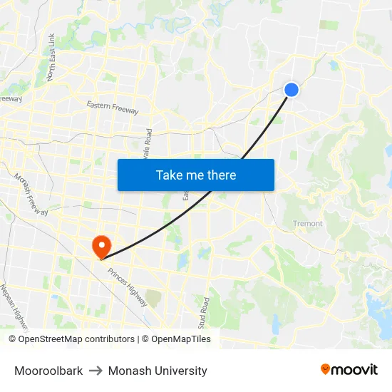 Mooroolbark to Monash University map