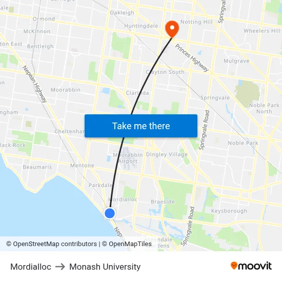 Mordialloc to Monash University map