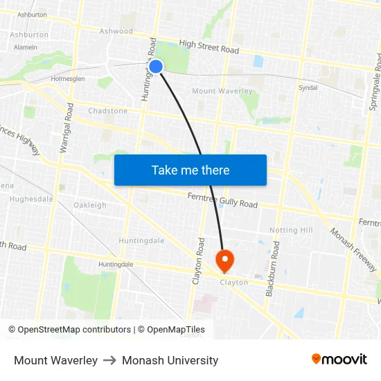 Mount Waverley to Monash University map