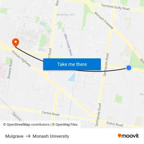 Mulgrave to Monash University map
