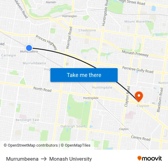 Murrumbeena to Monash University map