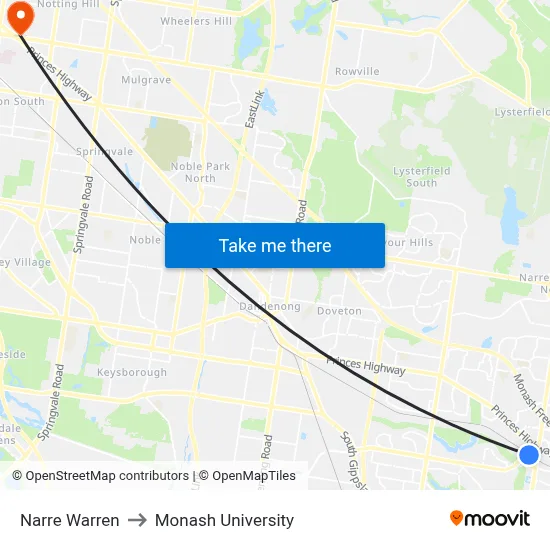 Narre Warren to Monash University map