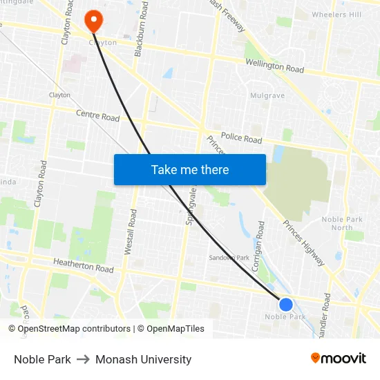 Noble Park to Monash University map