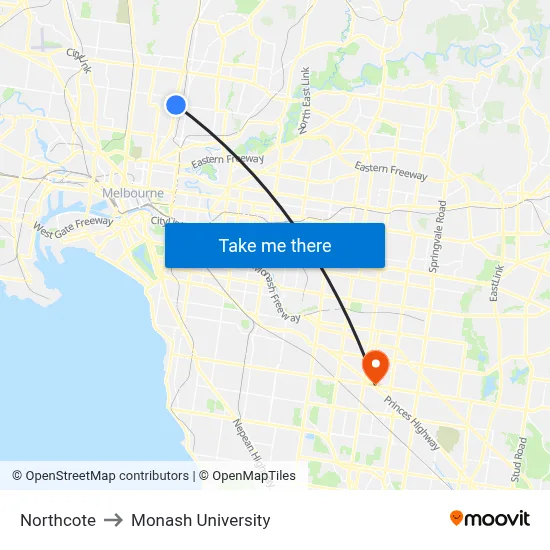 Northcote to Monash University map