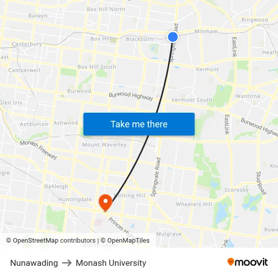 Nunawading to Monash University map