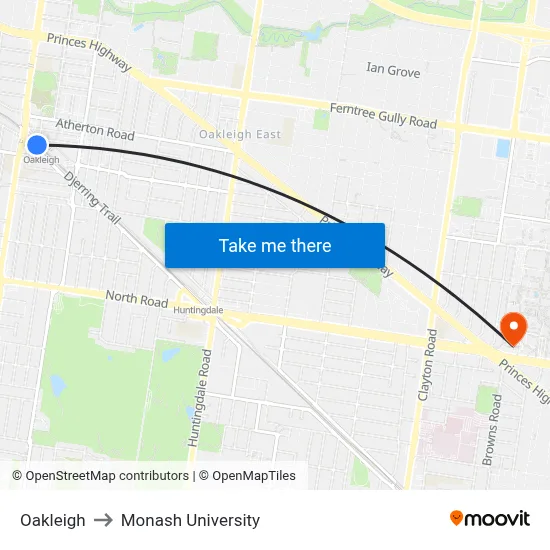 Oakleigh to Monash University map