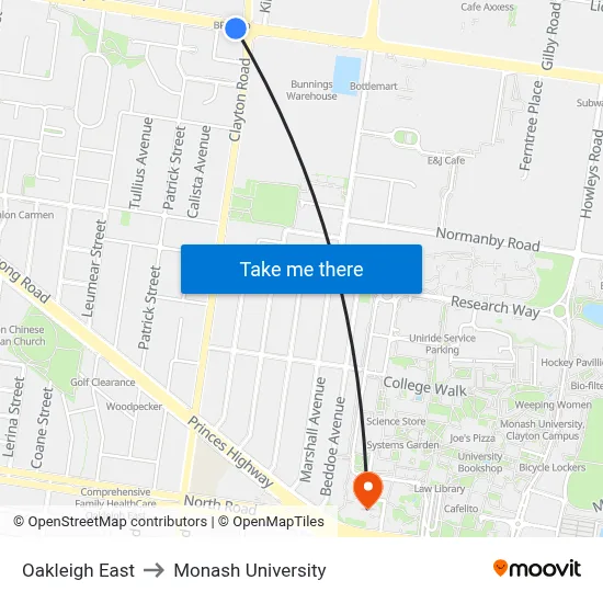 Oakleigh East to Monash University map