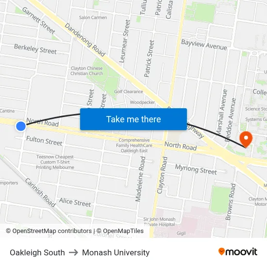 Oakleigh South to Monash University map