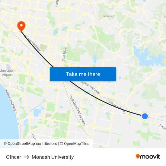 Officer to Monash University map