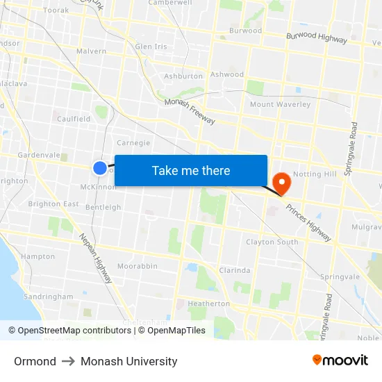 Ormond to Monash University map