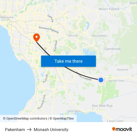 Pakenham to Monash University map