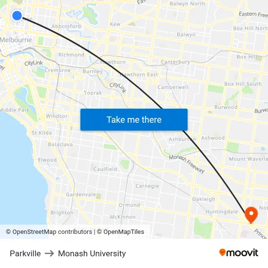 Parkville to Monash University map