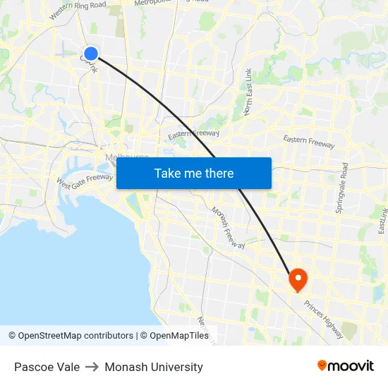 Pascoe Vale to Monash University map