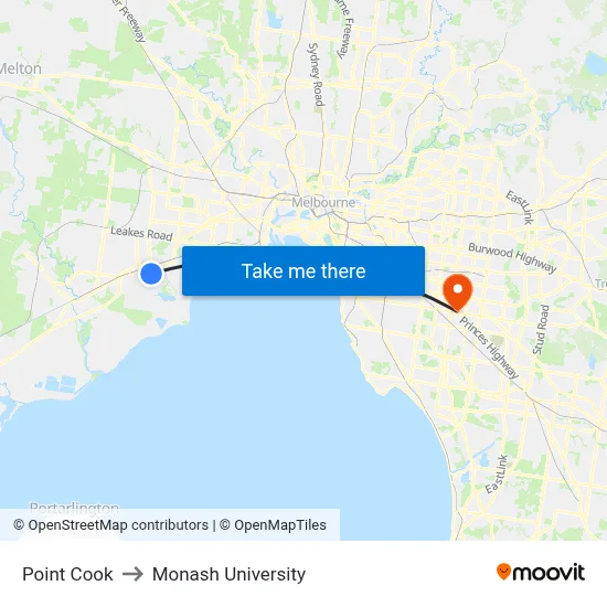 Point Cook to Monash University map