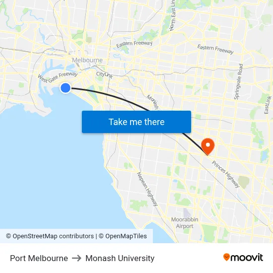 Port Melbourne to Monash University map