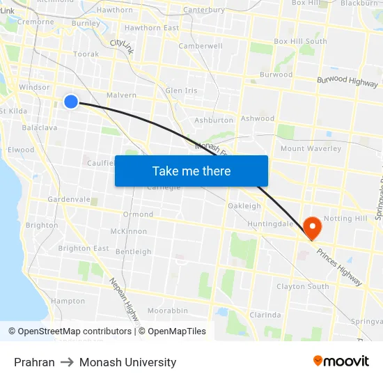 Prahran to Monash University map