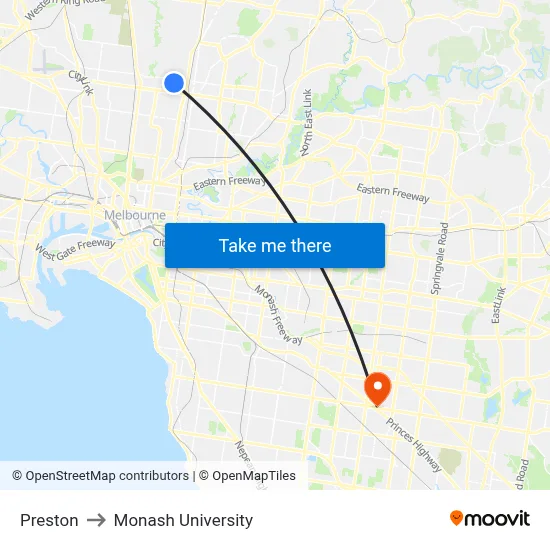 Preston to Monash University map
