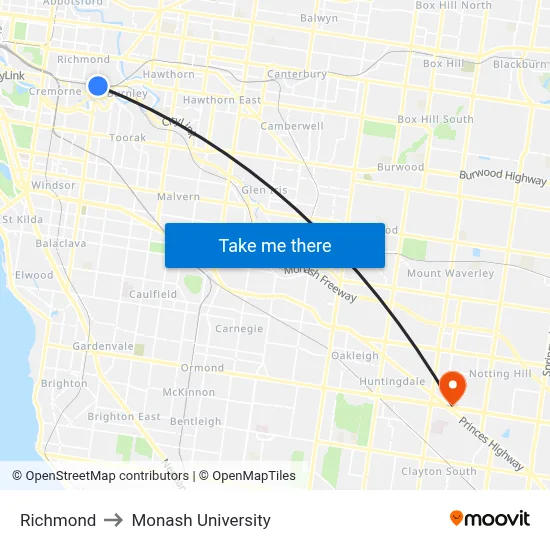 Richmond to Monash University map