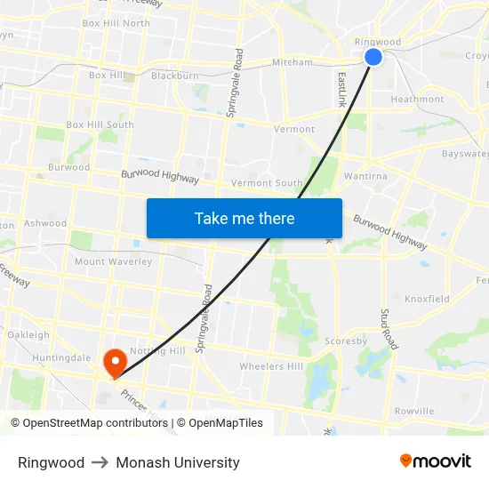 Ringwood to Monash University map