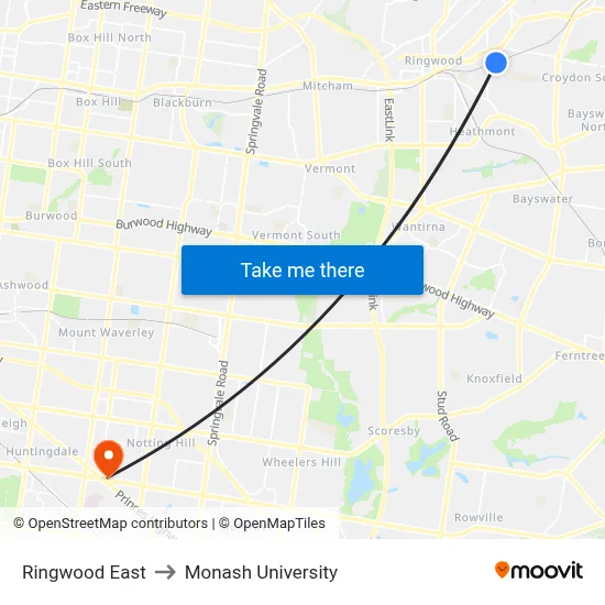 Ringwood East to Monash University map